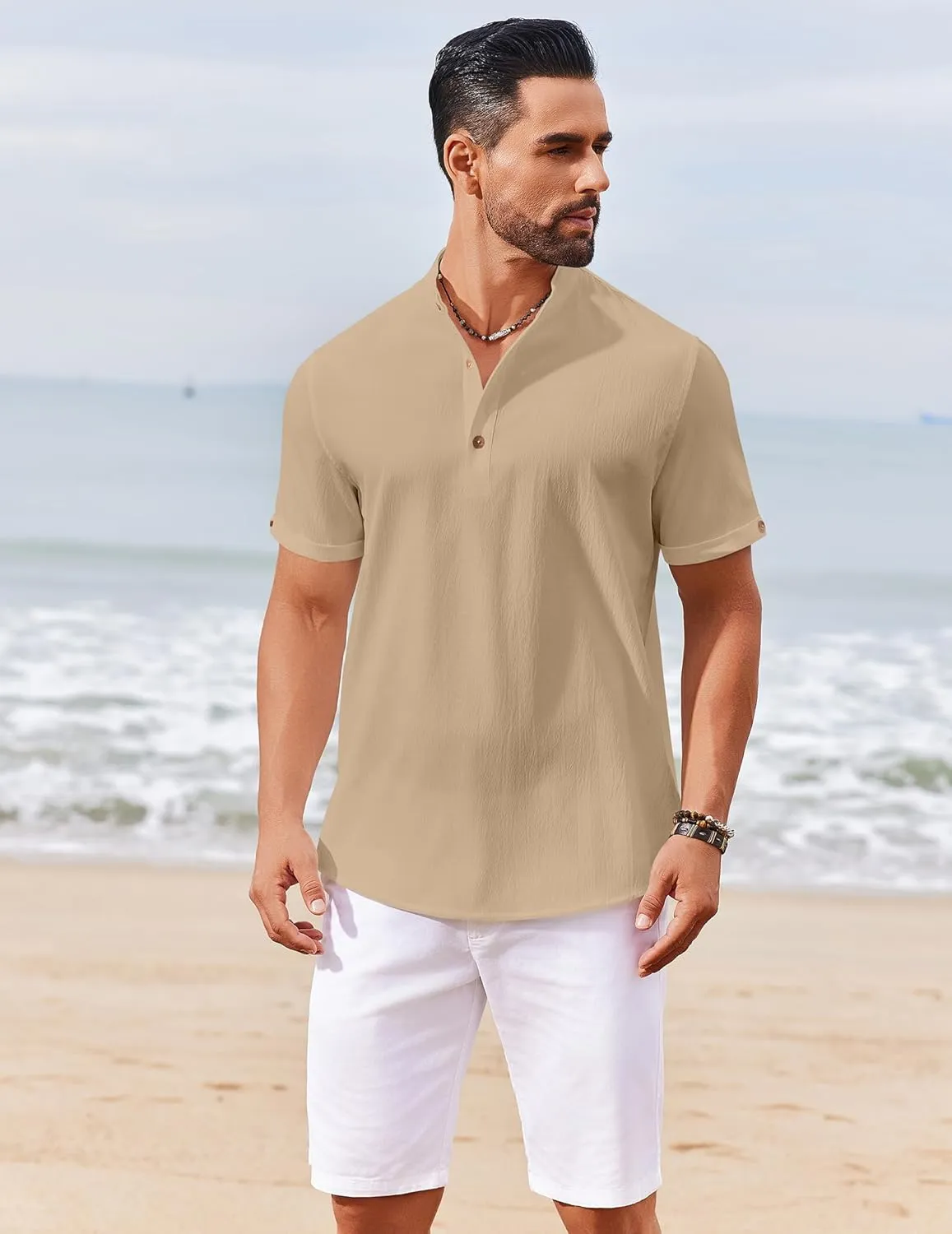 COOFANDY Men's Casual Henley Shirts Short Sleeve Summer Beach T-Shirts Banded Collar Henleys Button Tee Shirt