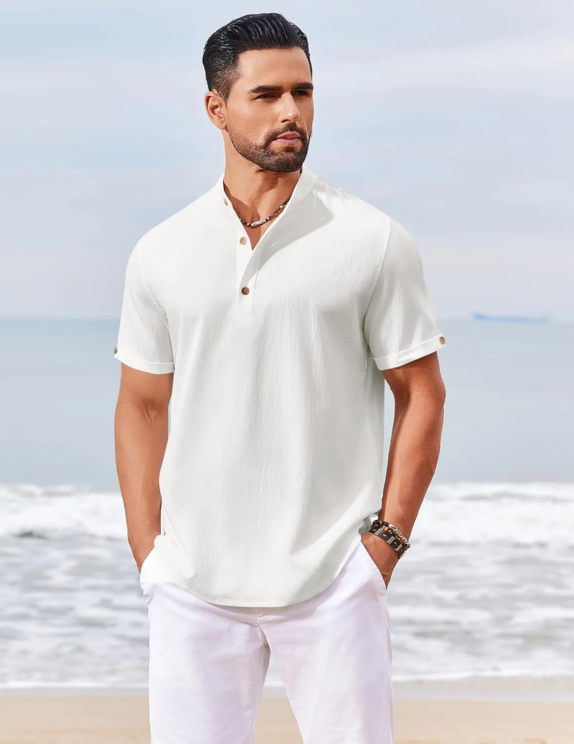 COOFANDY Men's Casual Henley Shirts Short Sleeve Summer Beach T-Shirts Banded Collar Henleys Button Tee Shirt