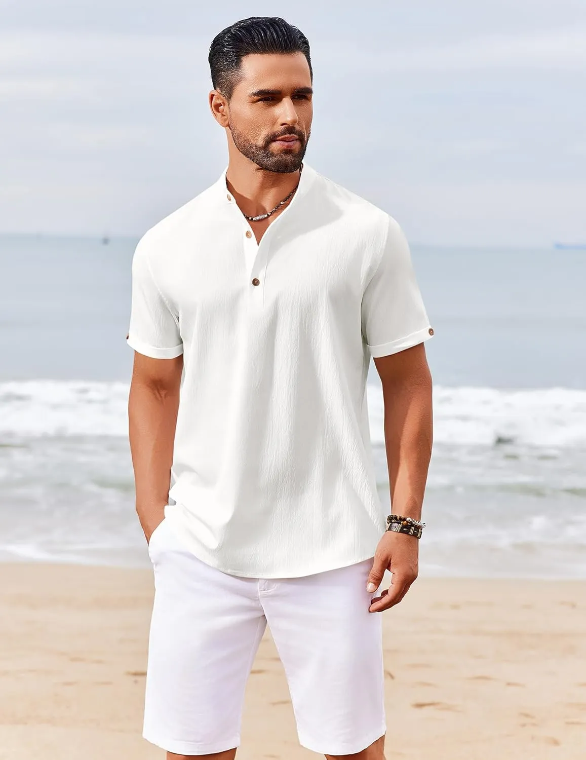 COOFANDY Men's Casual Henley Shirts Short Sleeve Summer Beach T-Shirts Banded Collar Henleys Button Tee Shirt