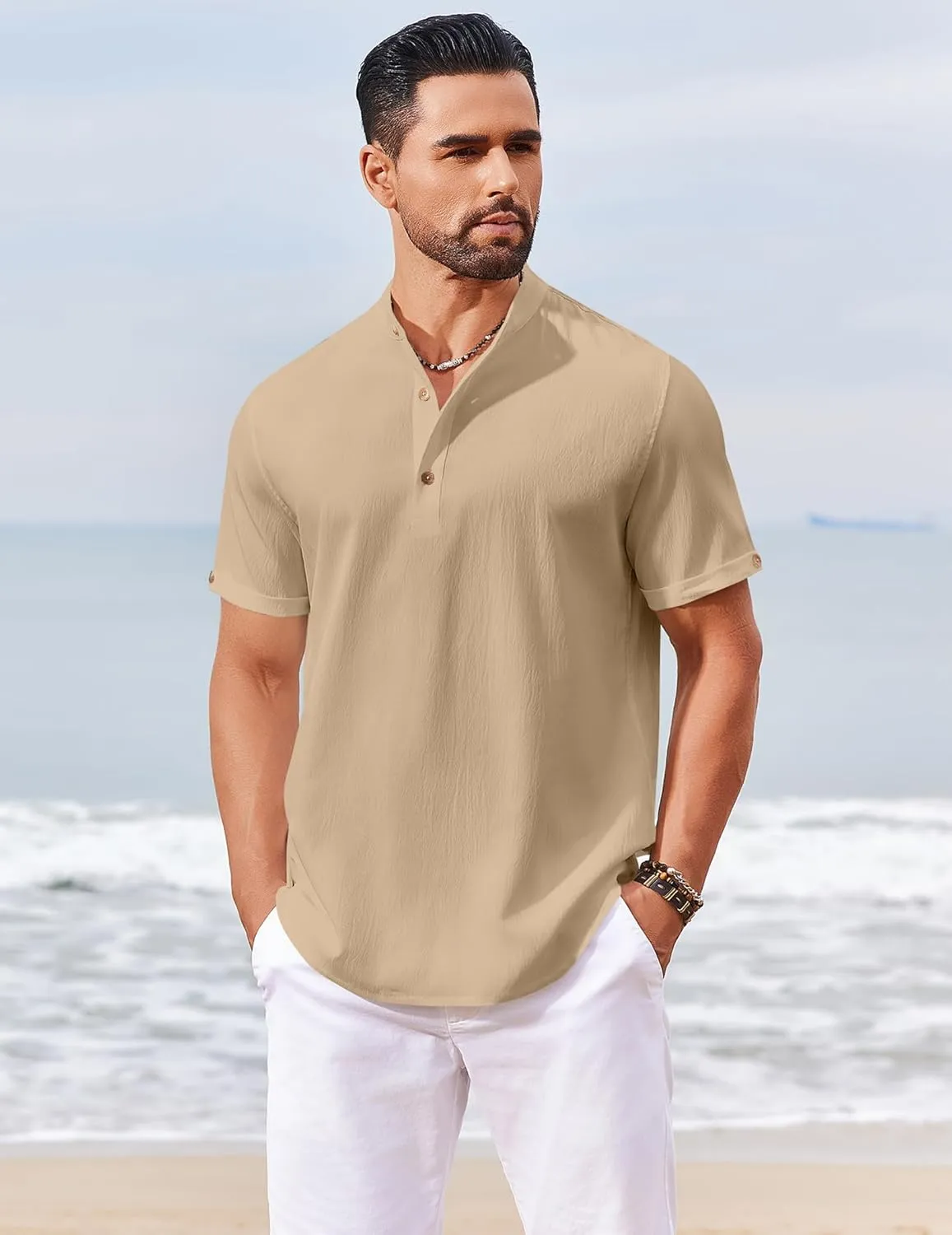 COOFANDY Men's Casual Henley Shirts Short Sleeve Summer Beach T-Shirts Banded Collar Henleys Button Tee Shirt