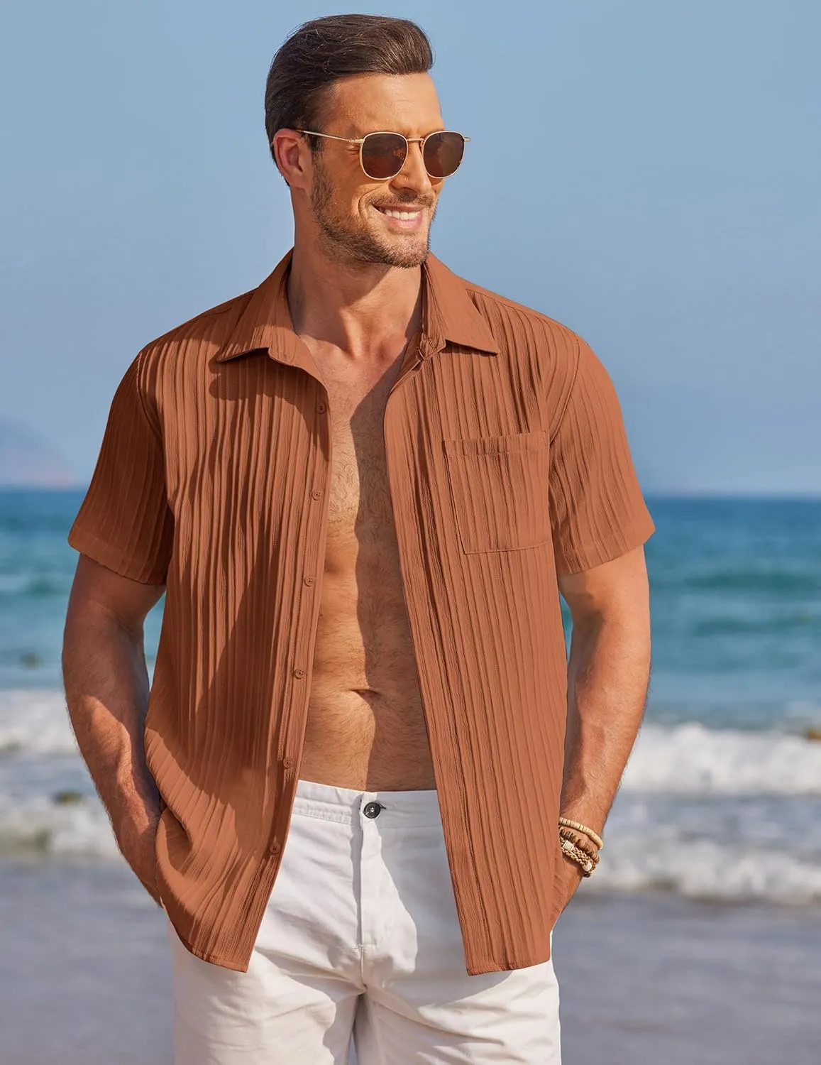 COOFANDY Mens Casual Shirts Short Sleeve Button Down Shirts Fashion Textured Summer Beach Shirt