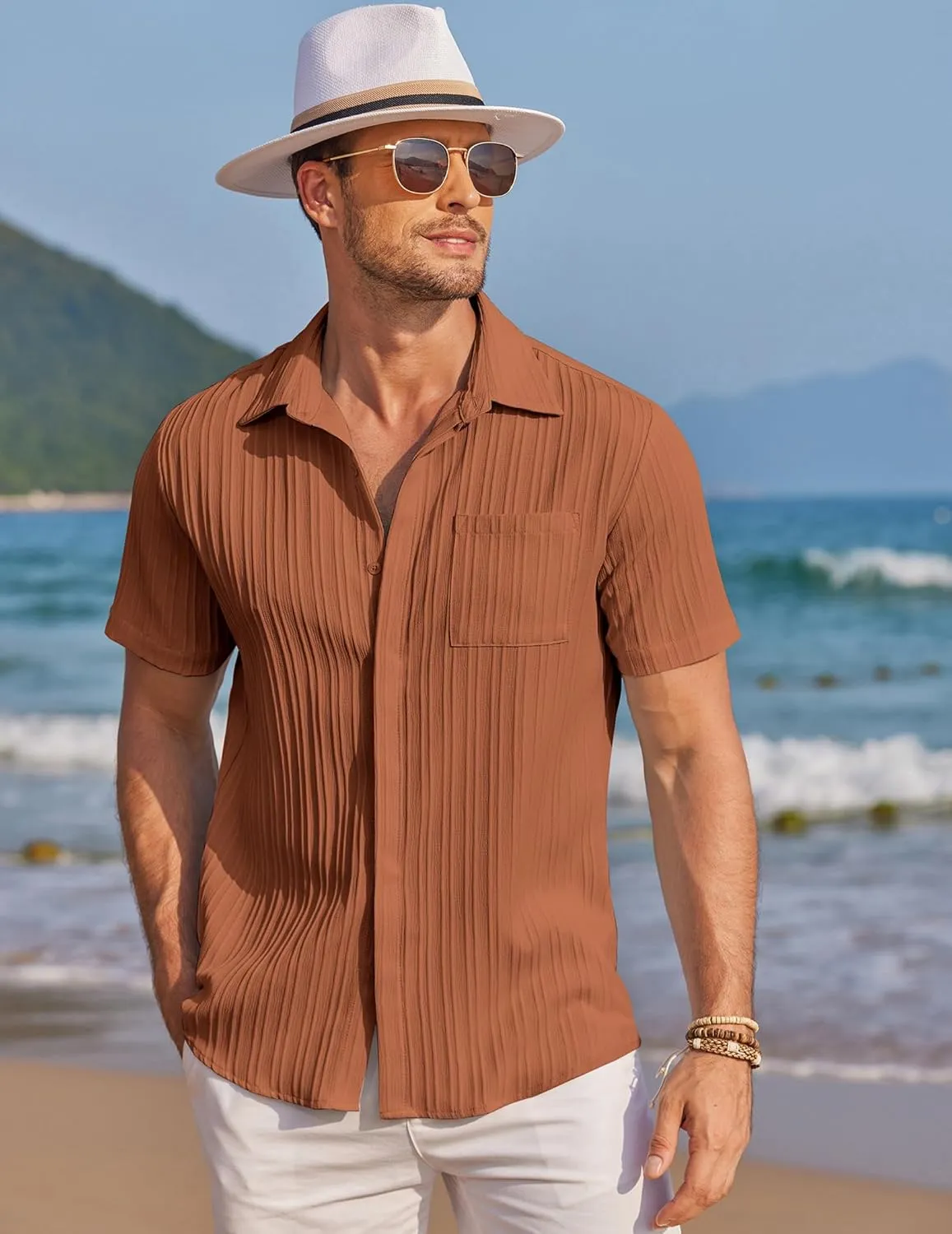 COOFANDY Mens Casual Shirts Short Sleeve Button Down Shirts Fashion Textured Summer Beach Shirt