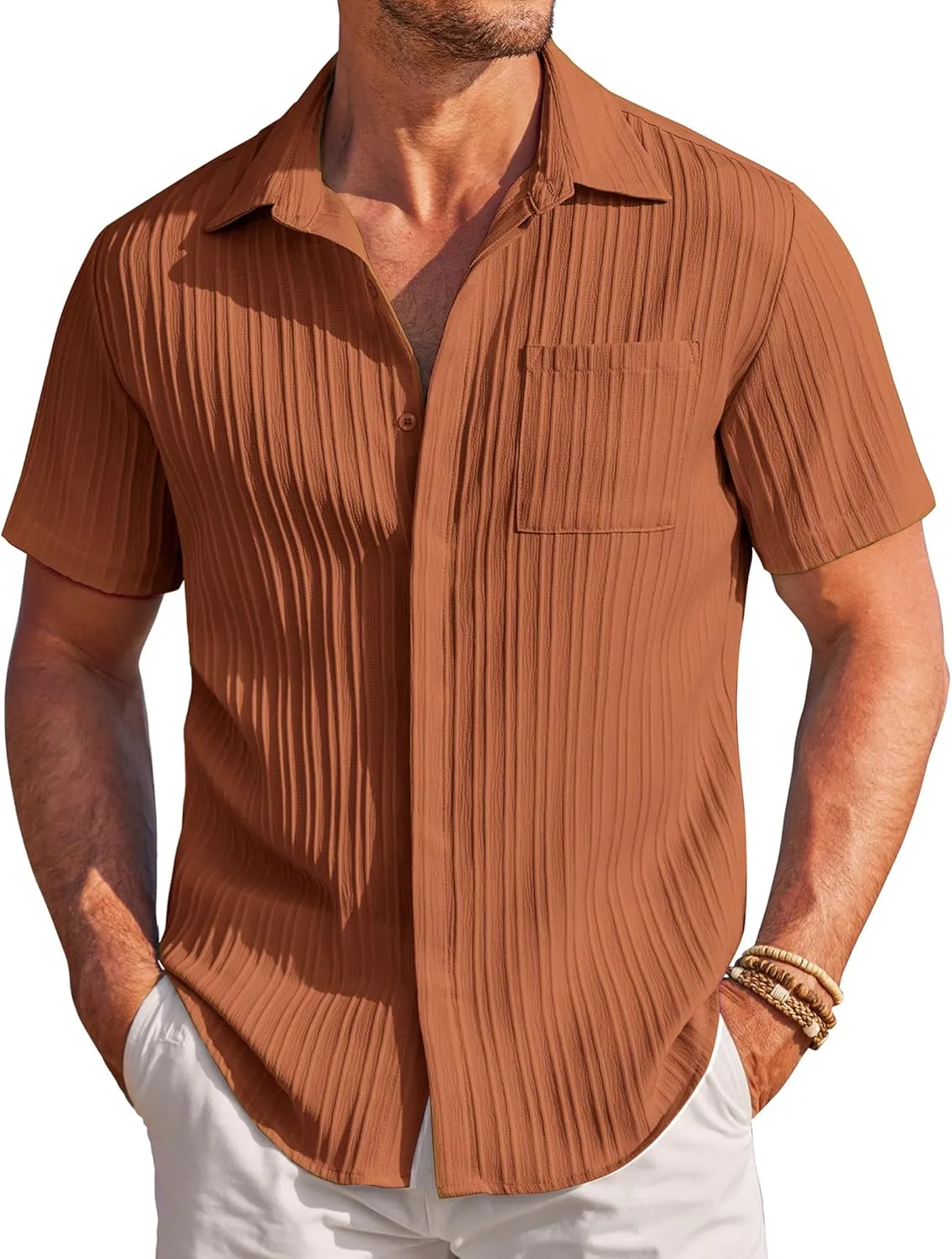 COOFANDY Mens Casual Shirts Short Sleeve Button Down Shirts Fashion Textured Summer Beach Shirt