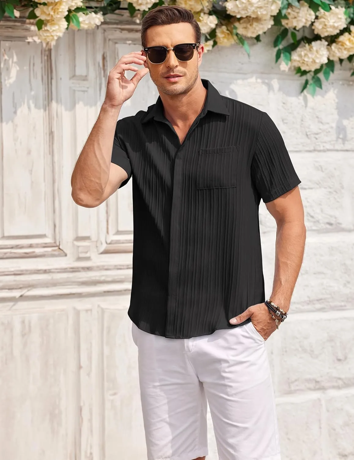 COOFANDY Mens Casual Shirts Short Sleeve Button Down Shirts Fashion Textured Summer Beach Shirt