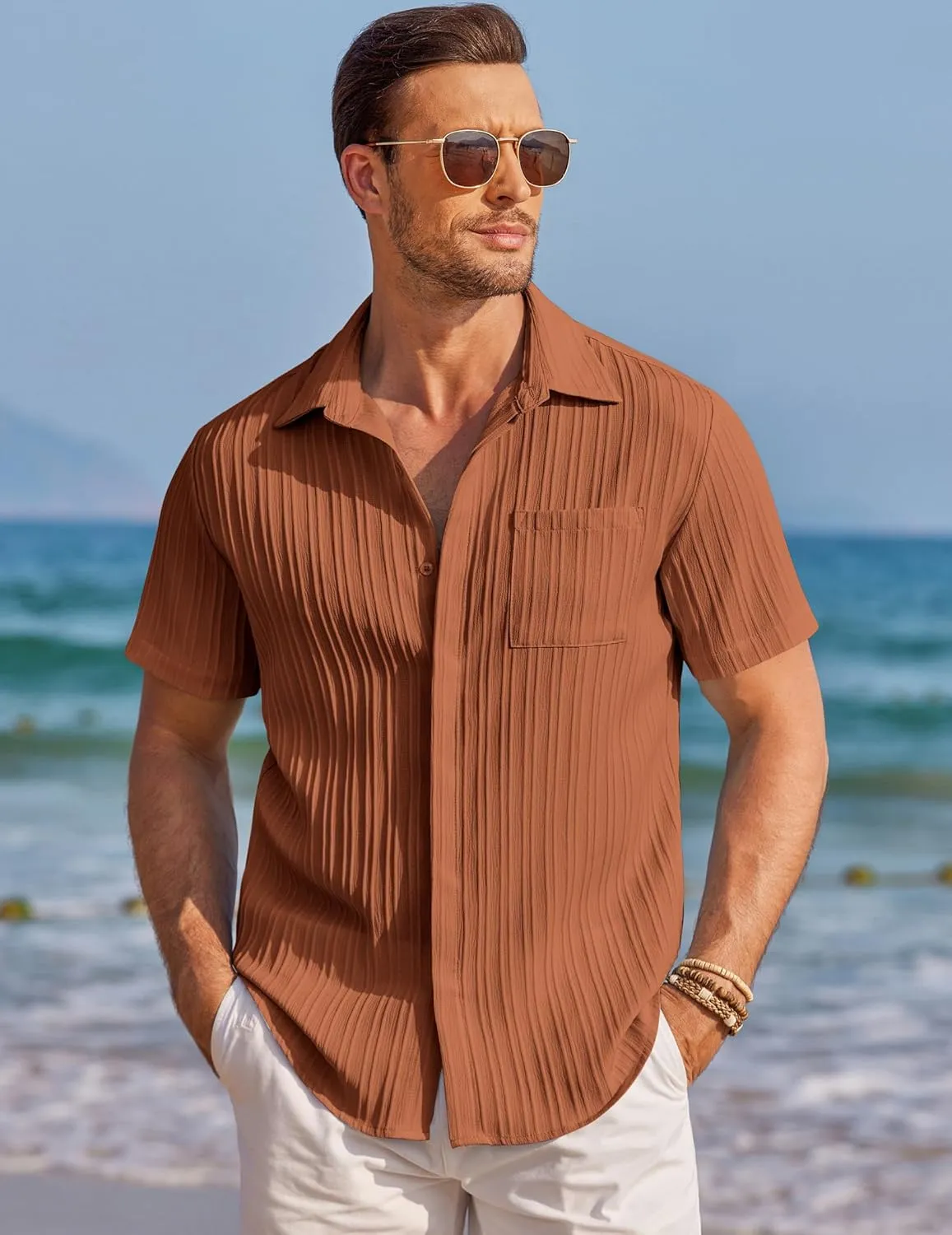 COOFANDY Mens Casual Shirts Short Sleeve Button Down Shirts Fashion Textured Summer Beach Shirt