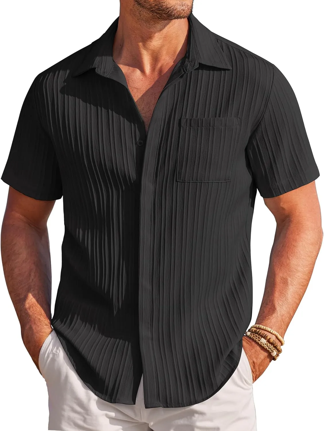 COOFANDY Mens Casual Shirts Short Sleeve Button Down Shirts Fashion Textured Summer Beach Shirt