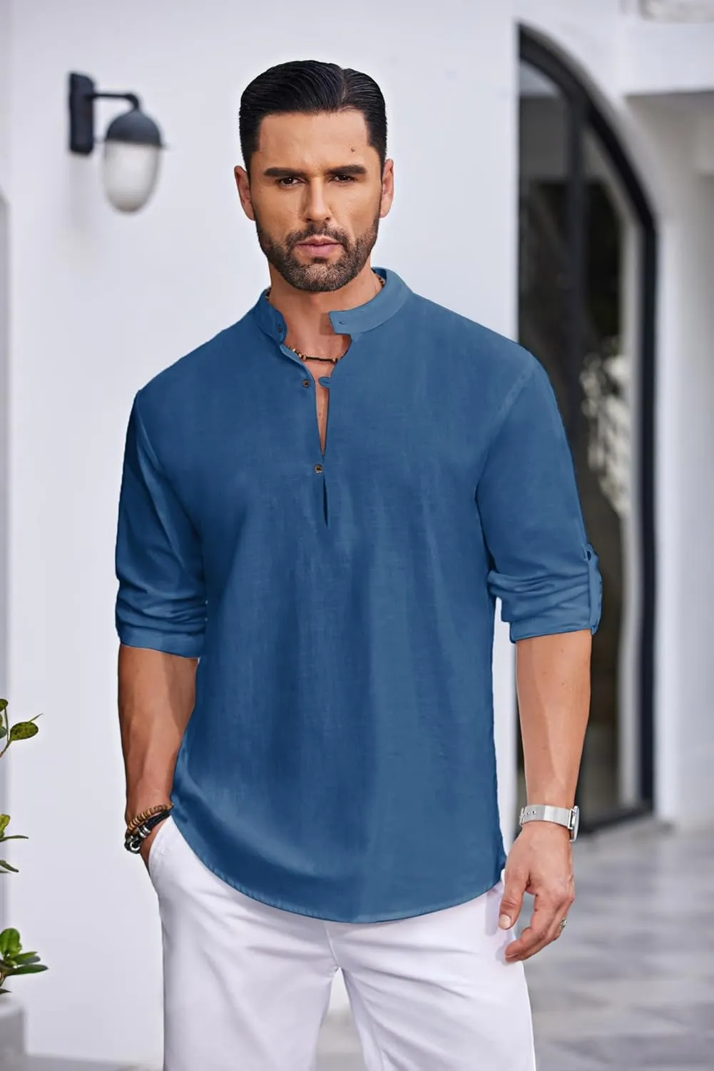 COOFANDY Men's Cotton Linen Henley Shirt Casual Beach Hippie Shirts Long Sleeve T-Shirts