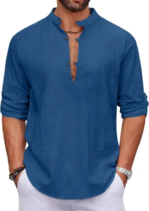 COOFANDY Men's Cotton Linen Henley Shirt Casual Beach Hippie Shirts Long Sleeve T-Shirts