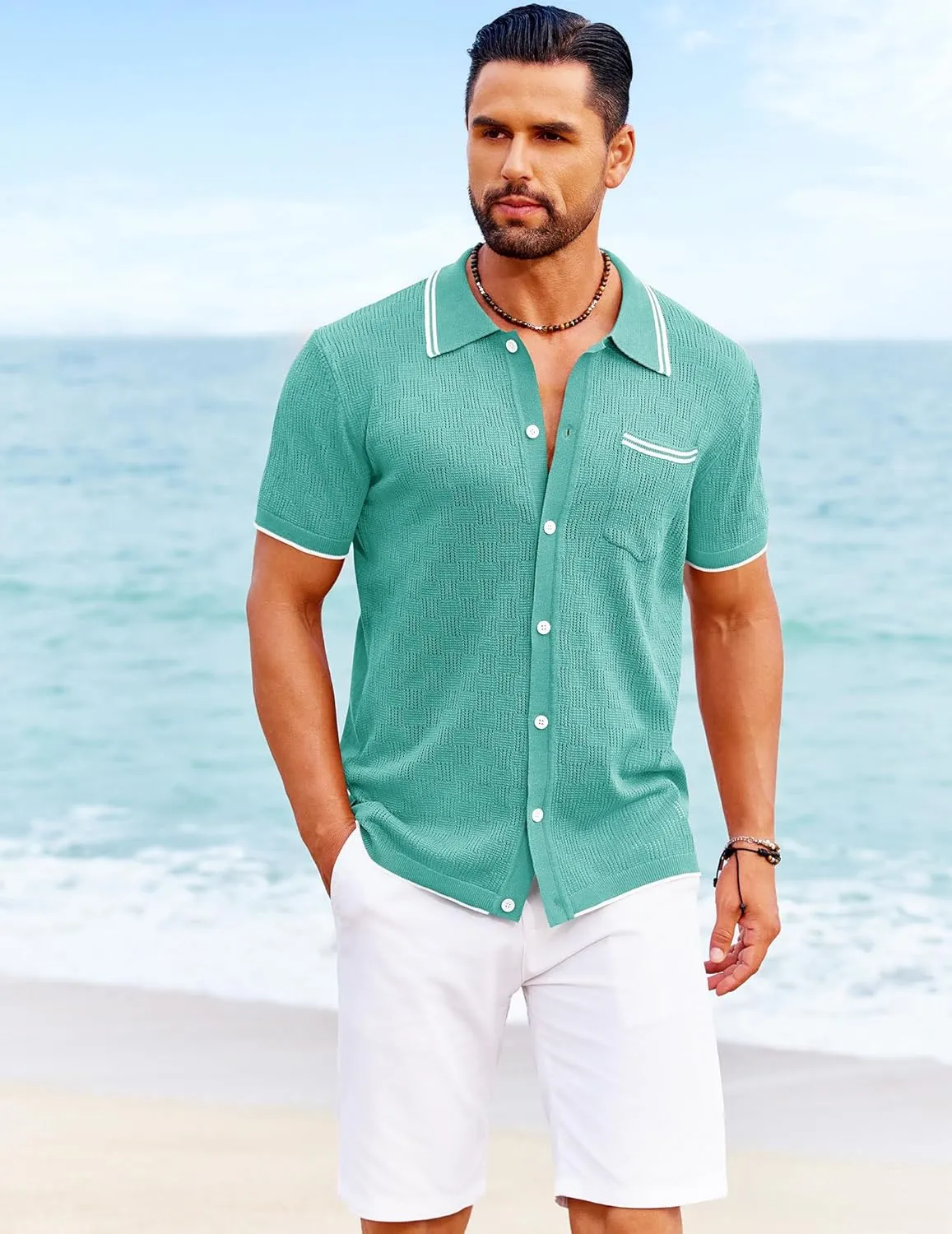 COOFANDY Men's Knit Button Down Shirt Vintage Polo Shirts Short Sleeve Summer Beach Shirts