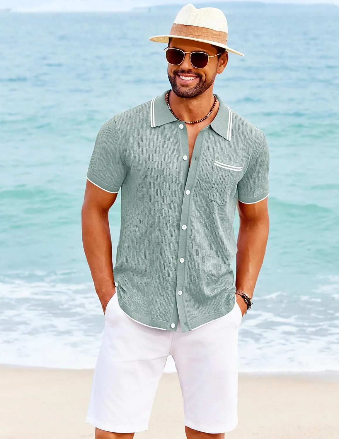 COOFANDY Men's Knit Button Down Shirt Vintage Polo Shirts Short Sleeve Summer Beach Shirts