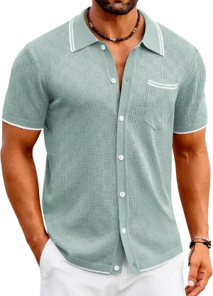 COOFANDY Men's Knit Button Down Shirt Vintage Polo Shirts Short Sleeve Summer Beach Shirts