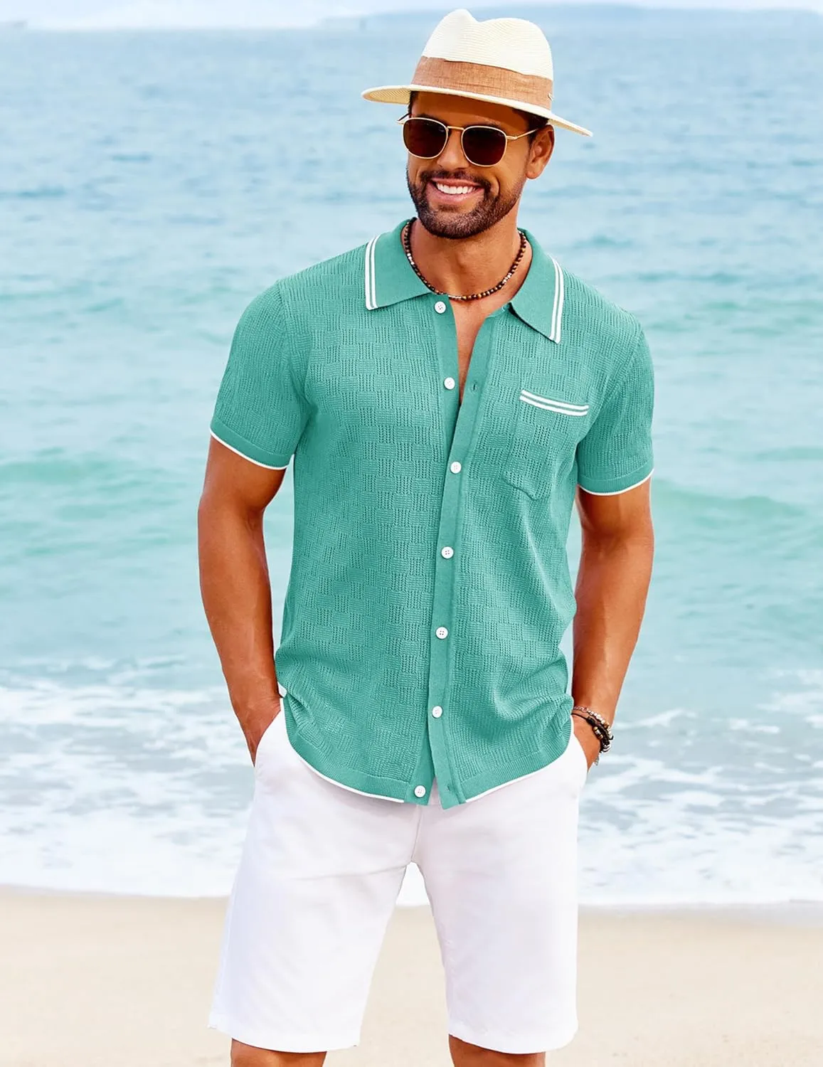 COOFANDY Men's Knit Button Down Shirt Vintage Polo Shirts Short Sleeve Summer Beach Shirts