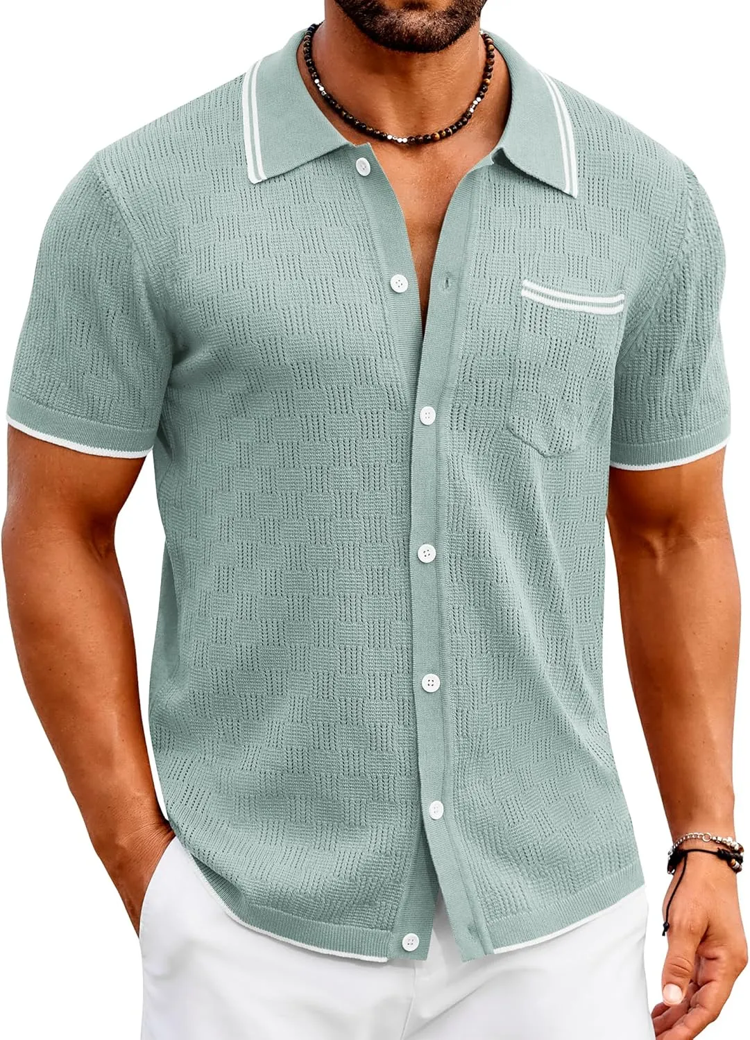 COOFANDY Men's Knit Button Down Shirt Vintage Polo Shirts Short Sleeve Summer Beach Shirts