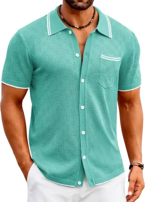 COOFANDY Men's Knit Button Down Shirt Vintage Polo Shirts Short Sleeve Summer Beach Shirts
