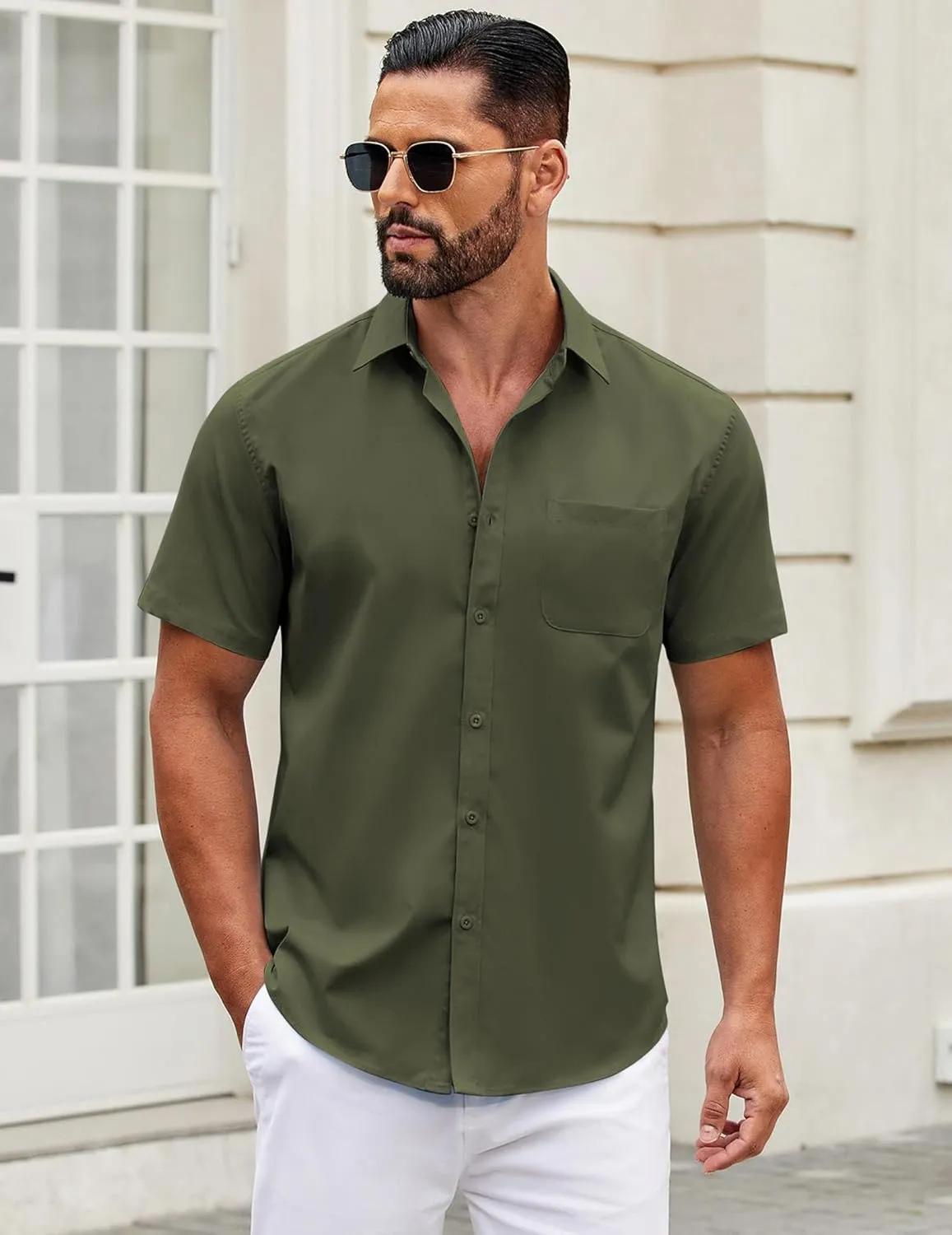 COOFANDY Mens Short Sleeve Casual Button Down Shirts Summer Untucked Dress Shirts with Pocket