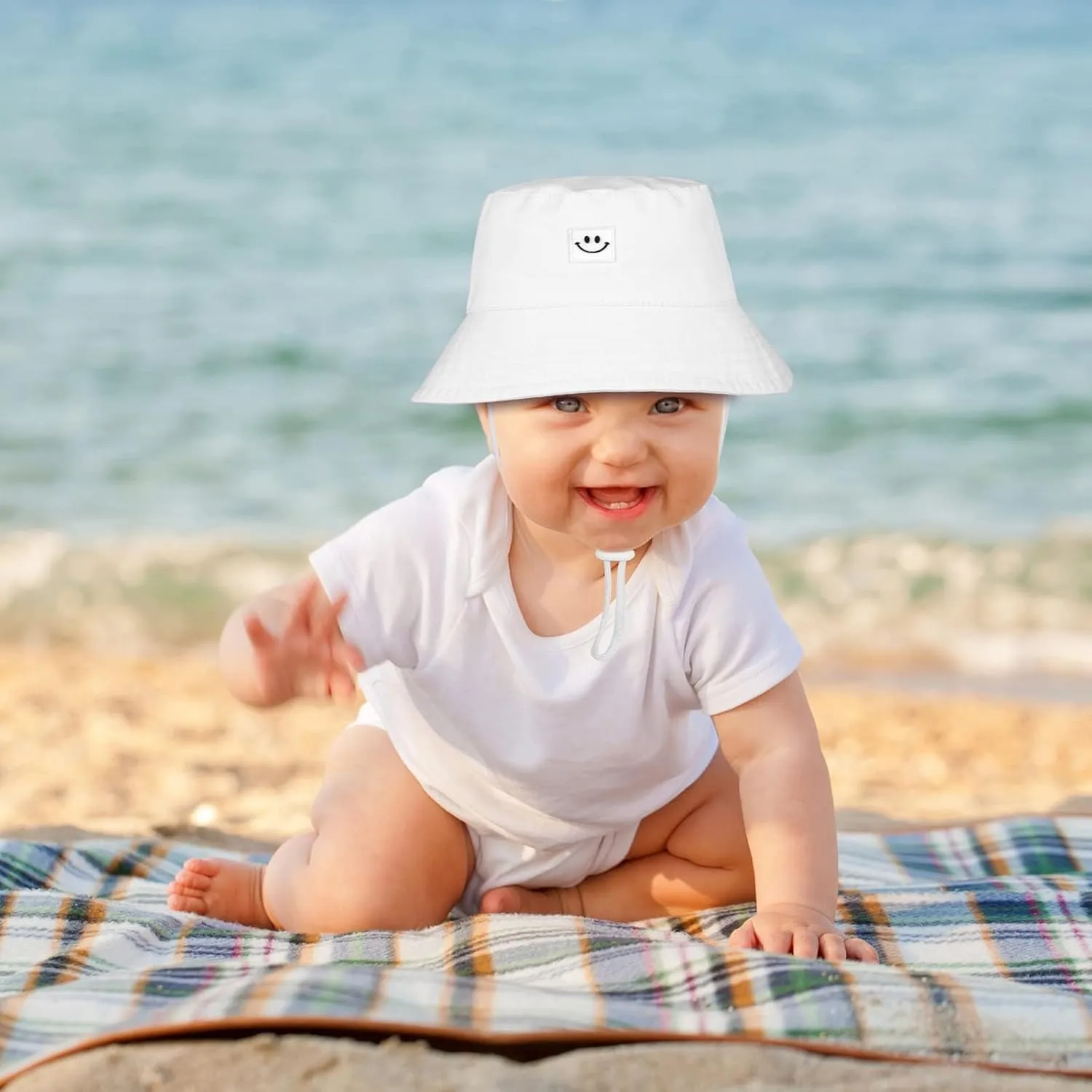 Cooraby 4 Pack Baby Sun Hat Breathable Smile Bucket Hat Toddler Sun Protective Bucket Hat Adjustable Cap for Baby Girl Boy