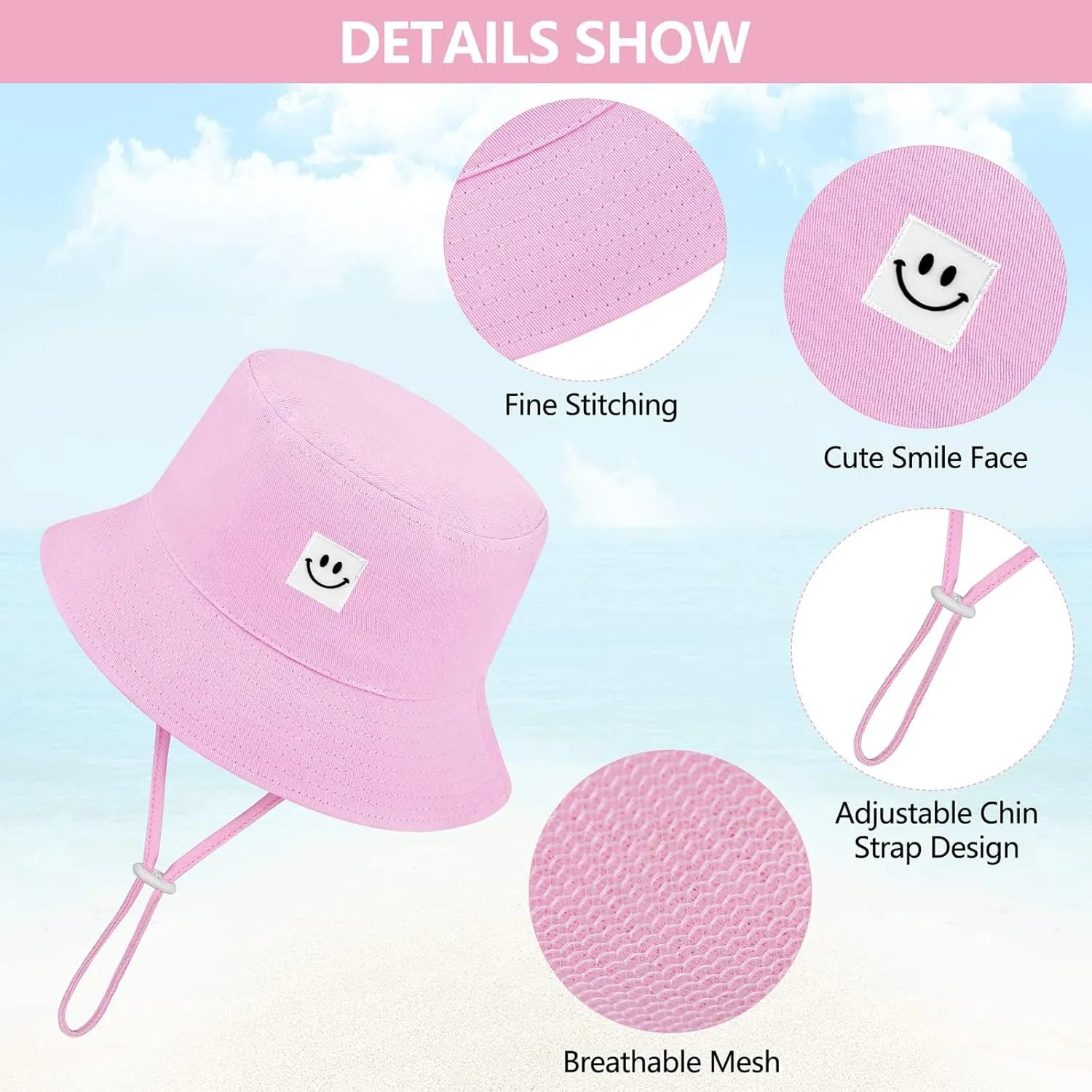 Cooraby 4 Pack Baby Sun Hat Breathable Smile Bucket Hat Toddler Sun Protective Bucket Hat Adjustable Cap for Baby Girl Boy