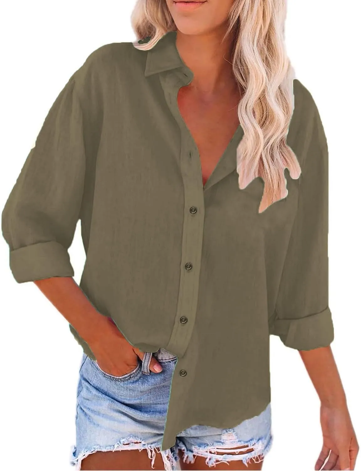 Cotton Linen Shirts for Women Loose Lapel Collar Single Breasted Roll Up Sleeve Work Tunic Solid Color Business Blouse