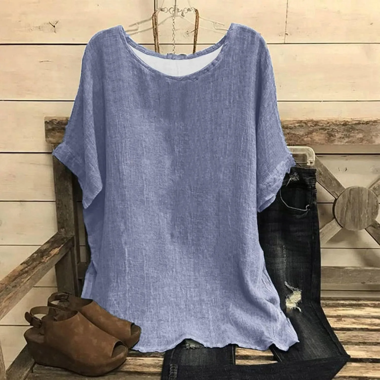 Cotton Linen Tops for Womens Loose Fit Casual Short Sleeve T-Shirt Retro Floral Print Blouse 2025 Summer Beach Clothes