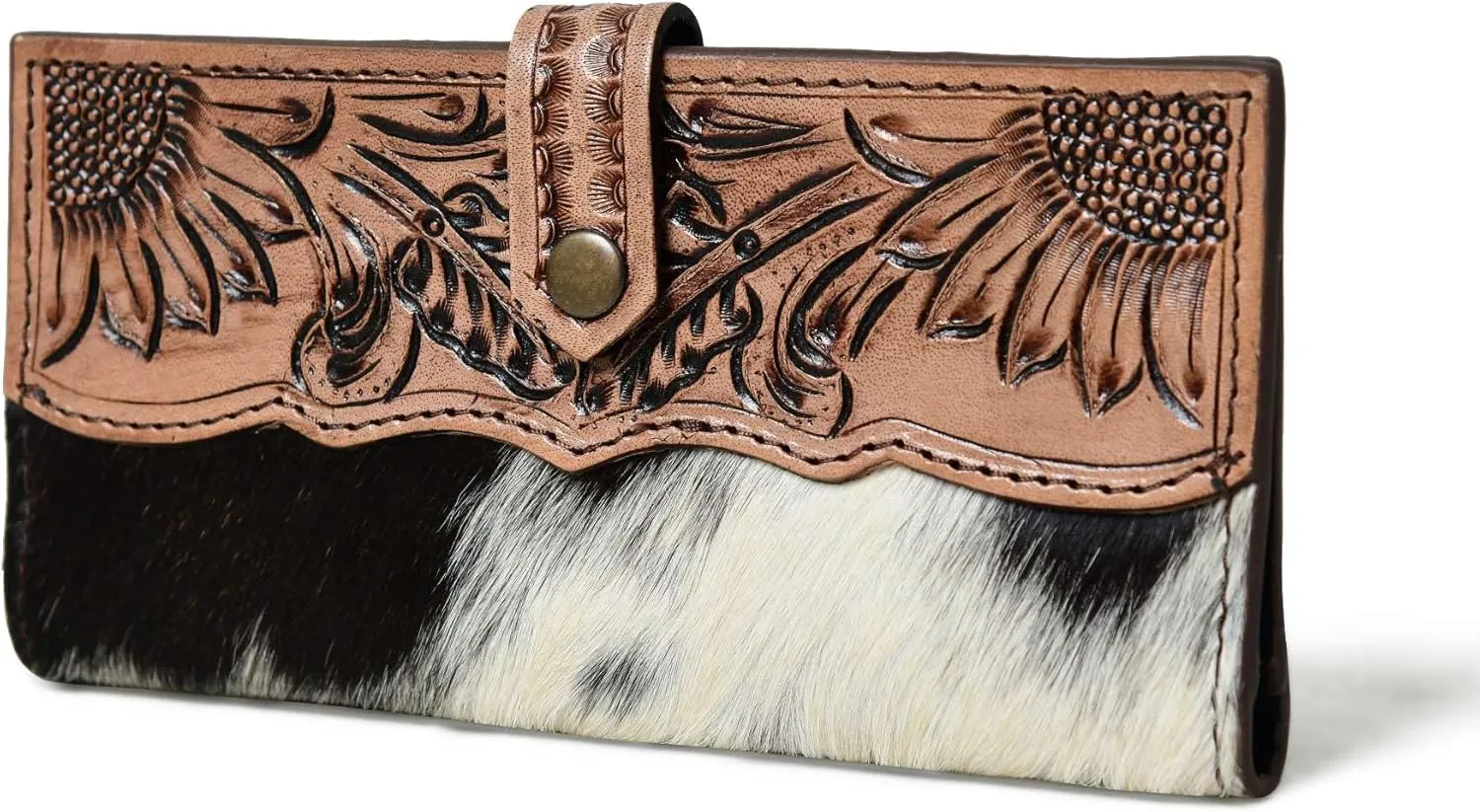 Cowhide Leather Wallet for Women | Handmade Floral Tooled Long Clutch with Snap Closure | Western Style Purse | Rustic Cowgirl Bag