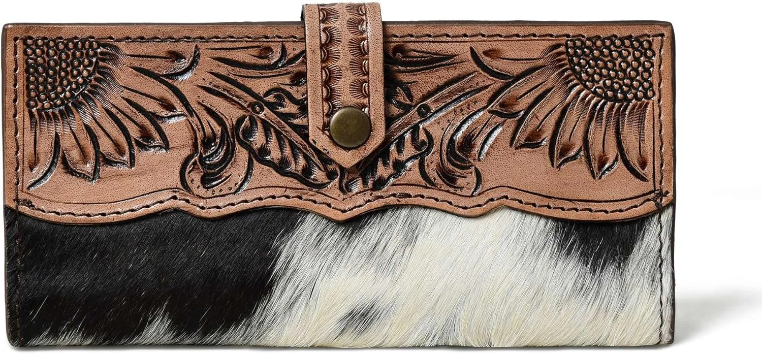 Cowhide Leather Wallet for Women | Handmade Floral Tooled Long Clutch with Snap Closure | Western Style Purse | Rustic Cowgirl Bag