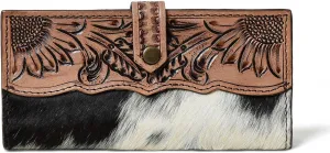 Cowhide Leather Wallet for Women | Handmade Floral Tooled Long Clutch with Snap Closure | Western Style Purse | Rustic Cowgirl Bag