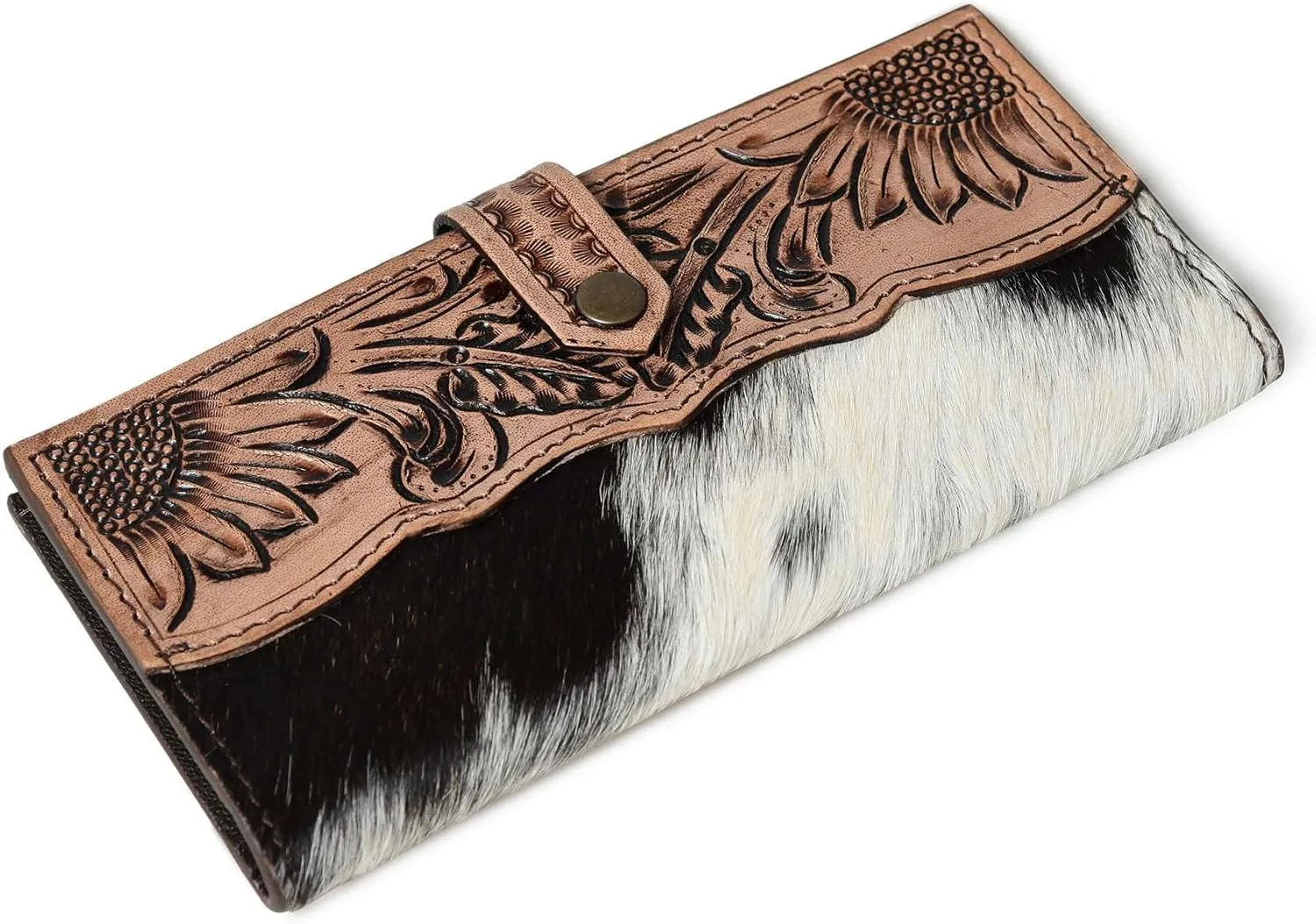 Cowhide Leather Wallet for Women | Handmade Floral Tooled Long Clutch with Snap Closure | Western Style Purse | Rustic Cowgirl Bag
