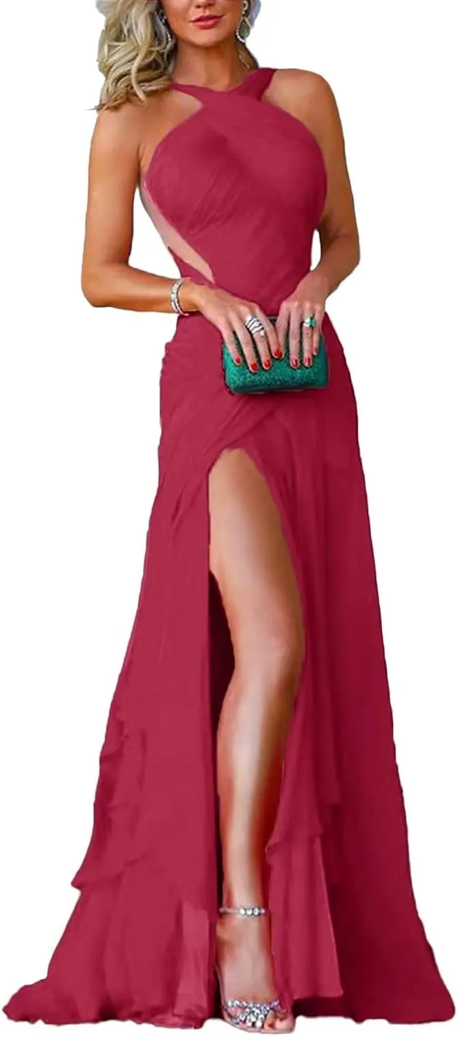 Criss Cross Halter Neck Chiffon Bridesmaid Gown Sleeveless Formal Maxi Dresses with Slit Pleated DR0096