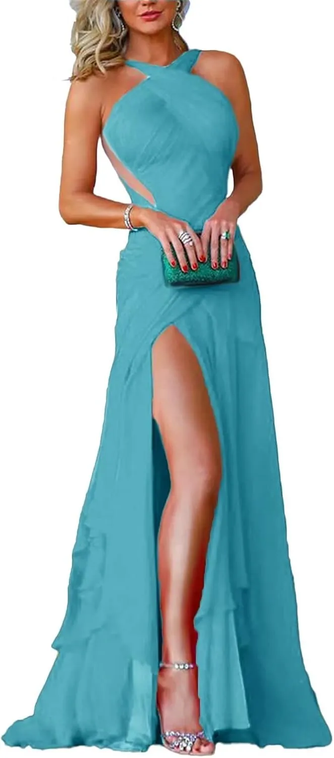 Criss Cross Halter Neck Chiffon Bridesmaid Gown Sleeveless Formal Maxi Dresses with Slit Pleated DR0096