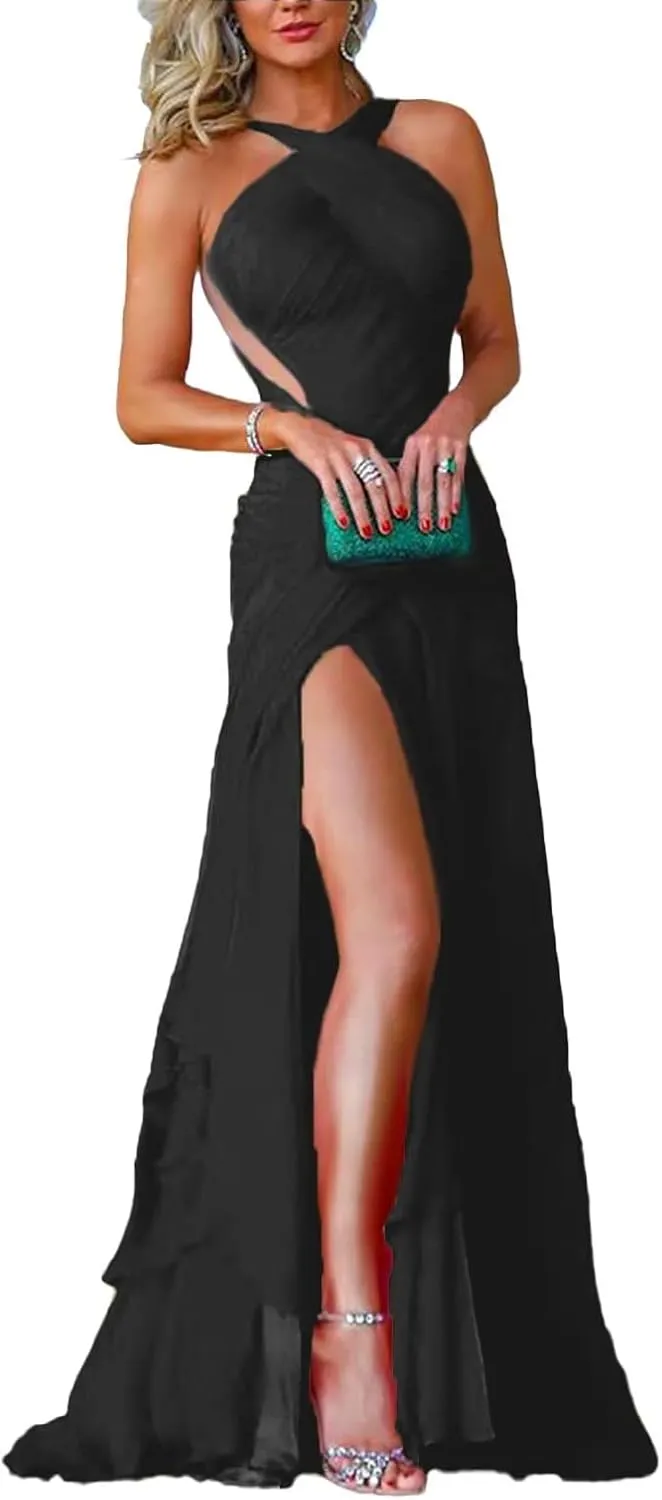 Criss Cross Halter Neck Chiffon Bridesmaid Gown Sleeveless Formal Maxi Dresses with Slit Pleated DR0096