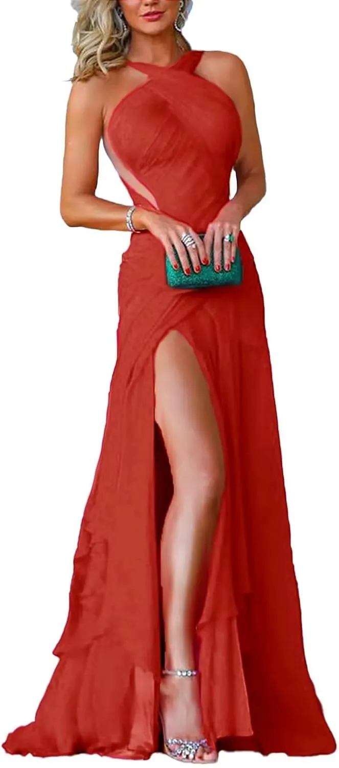 Criss Cross Halter Neck Chiffon Bridesmaid Gown Sleeveless Formal Maxi Dresses with Slit Pleated DR0096