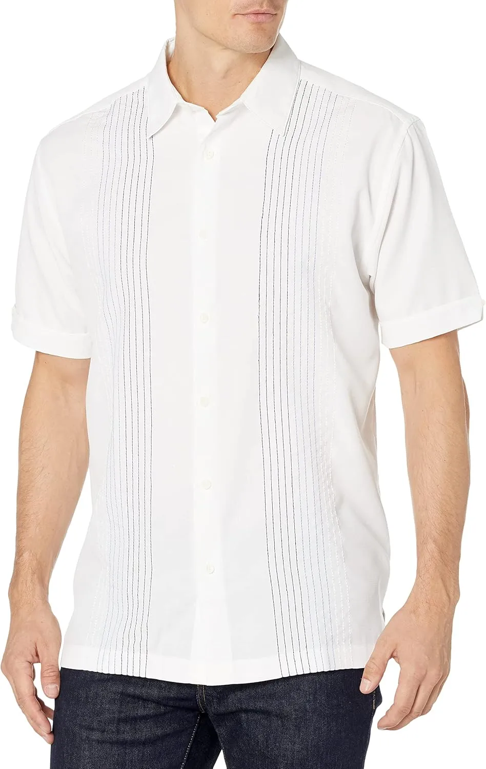 Cubavera Men's Striped Panel Dobby Short Sleeve Button-Down Shirt, Regular Fit, Point Collar, Soft Touch