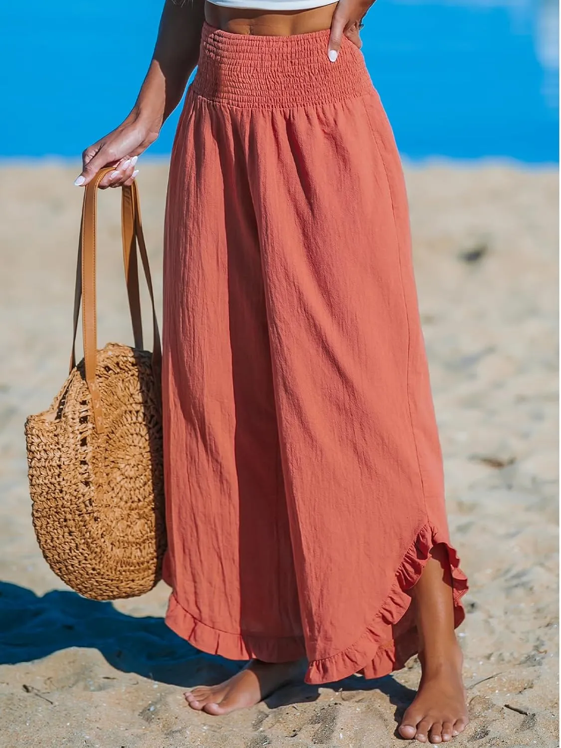 CUPSHE Women Pants Smocked Waist Straight Leg Ruffle Cuffs Loose Fit Pant Casual Beach