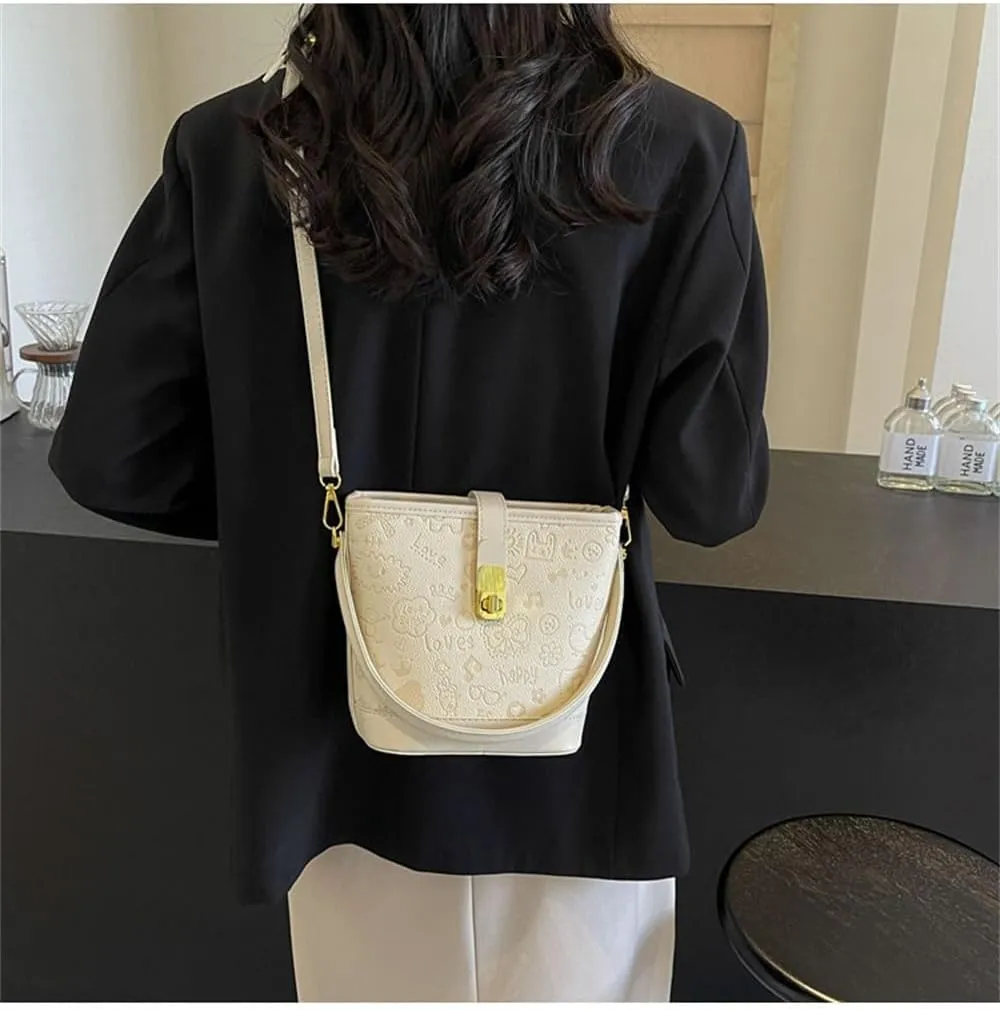 Cute Cartoon Bucket Bag Small Leather Crossbody Hobo Bucket Handbag with Top Handle Kawaii Bucket Tote Bag