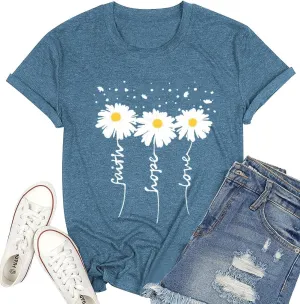 Cute Faith Hope Love T-Shirts for Womens Daisy Graphic Tee Funny Inspirational Letter Print Tops