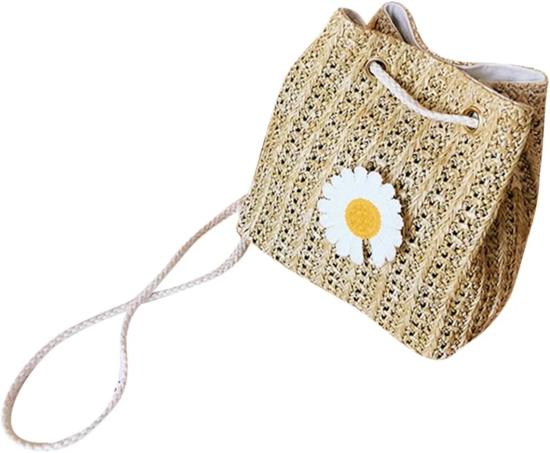Daisy Pattern Bucket Bag Straw Woven Crossbody Bag for Women Storage Pouch