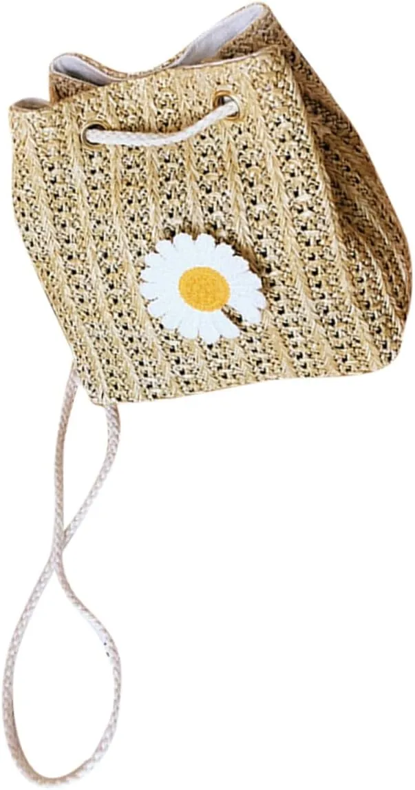 Daisy Pattern Straw Woven Bucket Bag for Women Crossbody Bag Storage Pouch Daily Shopping