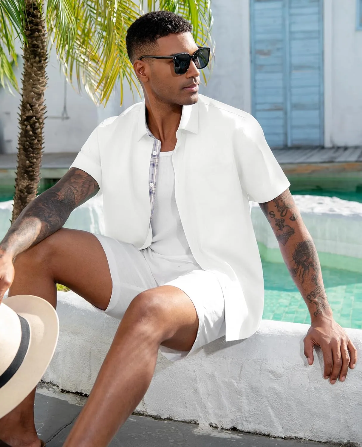DEMEANOR Mens Linen Shirts Summer Short Sleeve Button Down Beach Vacation Wedding Shirt Tops with Pocket