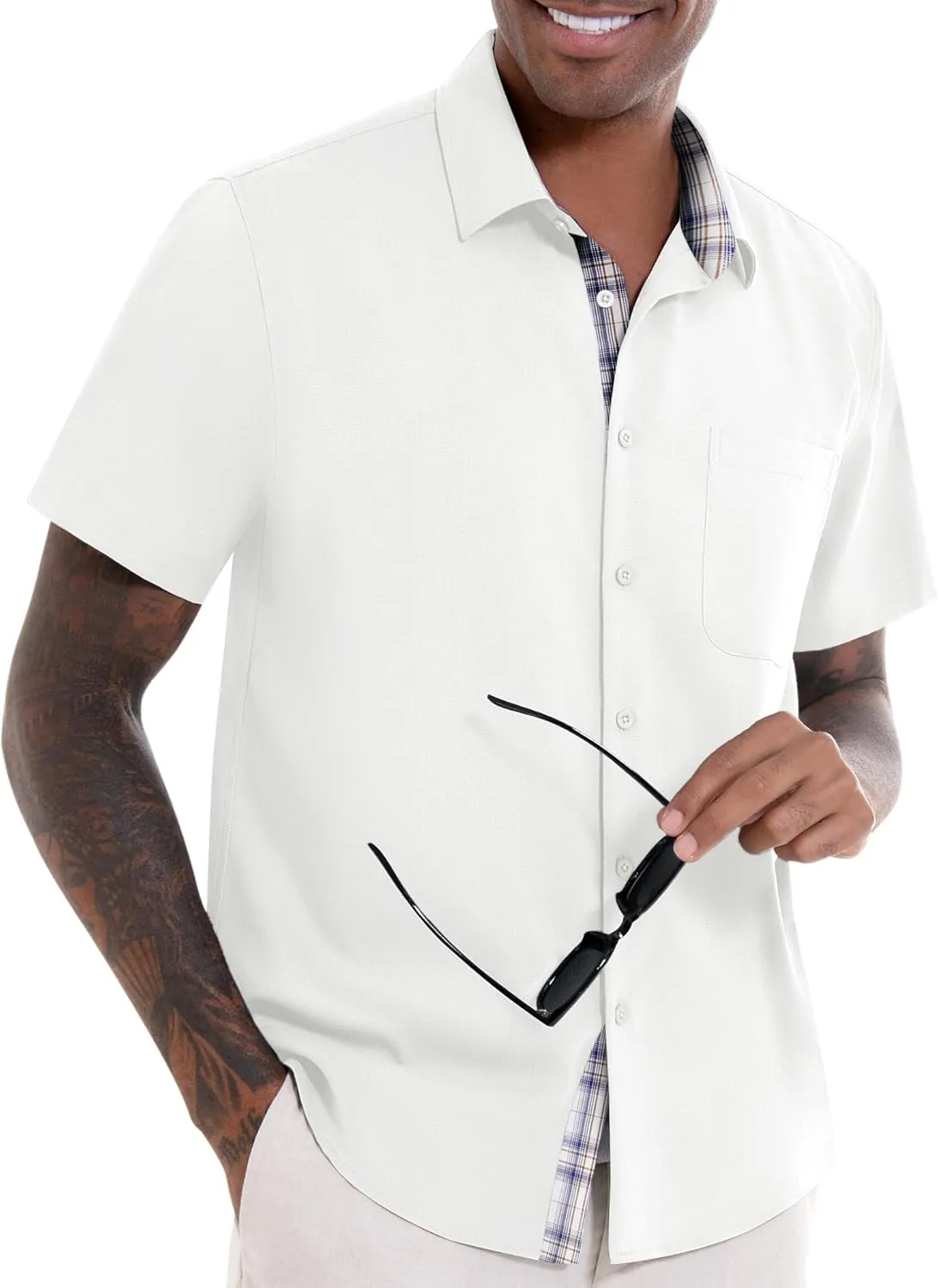 DEMEANOR Mens Linen Shirts Summer Short Sleeve Button Down Beach Vacation Wedding Shirt Tops with Pocket
