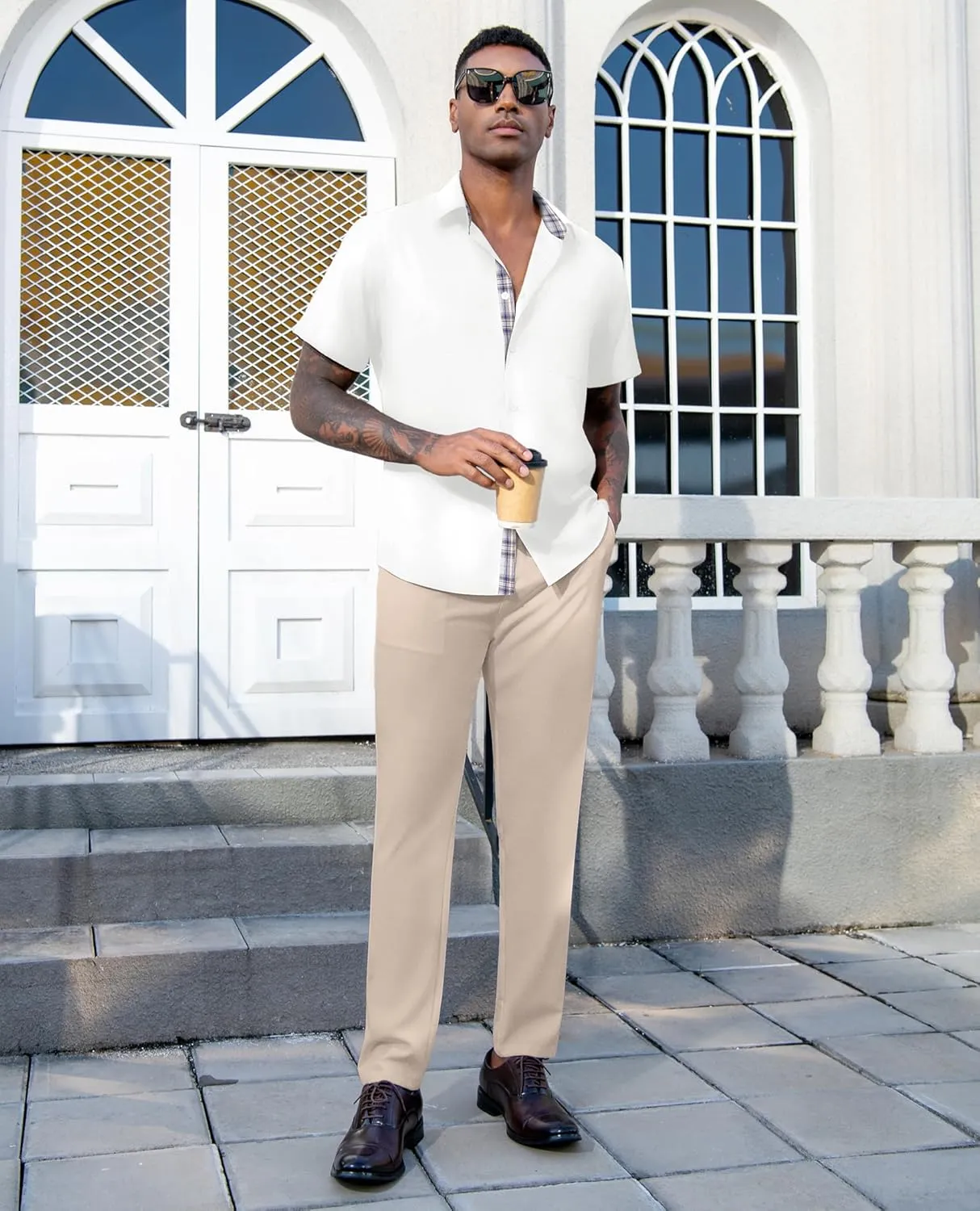 DEMEANOR Mens Linen Shirts Summer Short Sleeve Button Down Beach Vacation Wedding Shirt Tops with Pocket