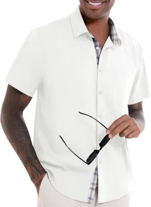 DEMEANOR Mens Linen Shirts Summer Short Sleeve Button Down Beach Vacation Wedding Shirt Tops with Pocket