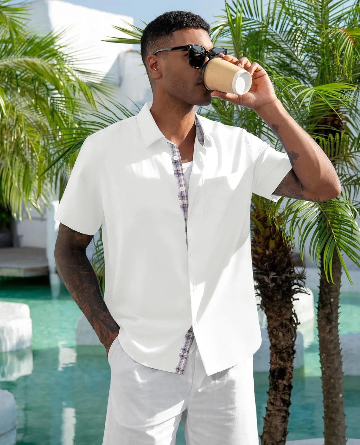 DEMEANOR Mens Linen Shirts Summer Short Sleeve Button Down Beach Vacation Wedding Shirt Tops with Pocket