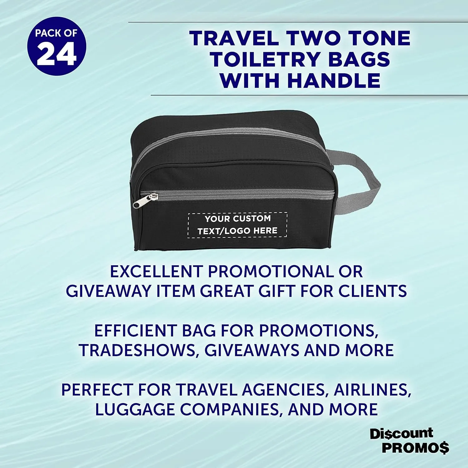 DISCOUNT PROMOS Custom Travel Two Tone Toiletry Bags with Handle Set of 24, Personalized Bulk Pack - Versatile, Bring Everywhere You Go, Perfect for Travelling or Even at Home - Blkgry - 10"X5"X5.5"