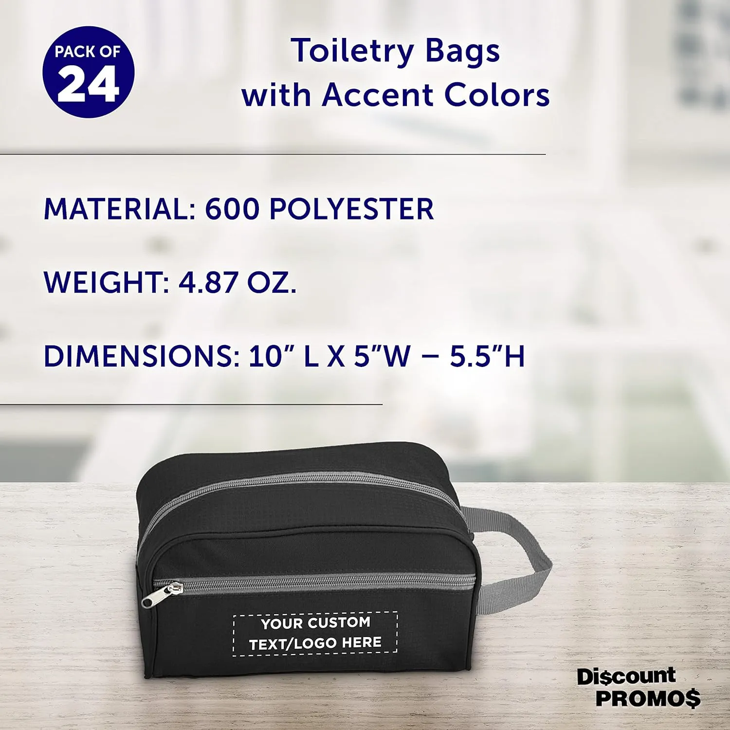 DISCOUNT PROMOS Custom Travel Two Tone Toiletry Bags with Handle Set of 24, Personalized Bulk Pack - Versatile, Bring Everywhere You Go, Perfect for Travelling or Even at Home - Blkgry - 10"X5"X5.5"