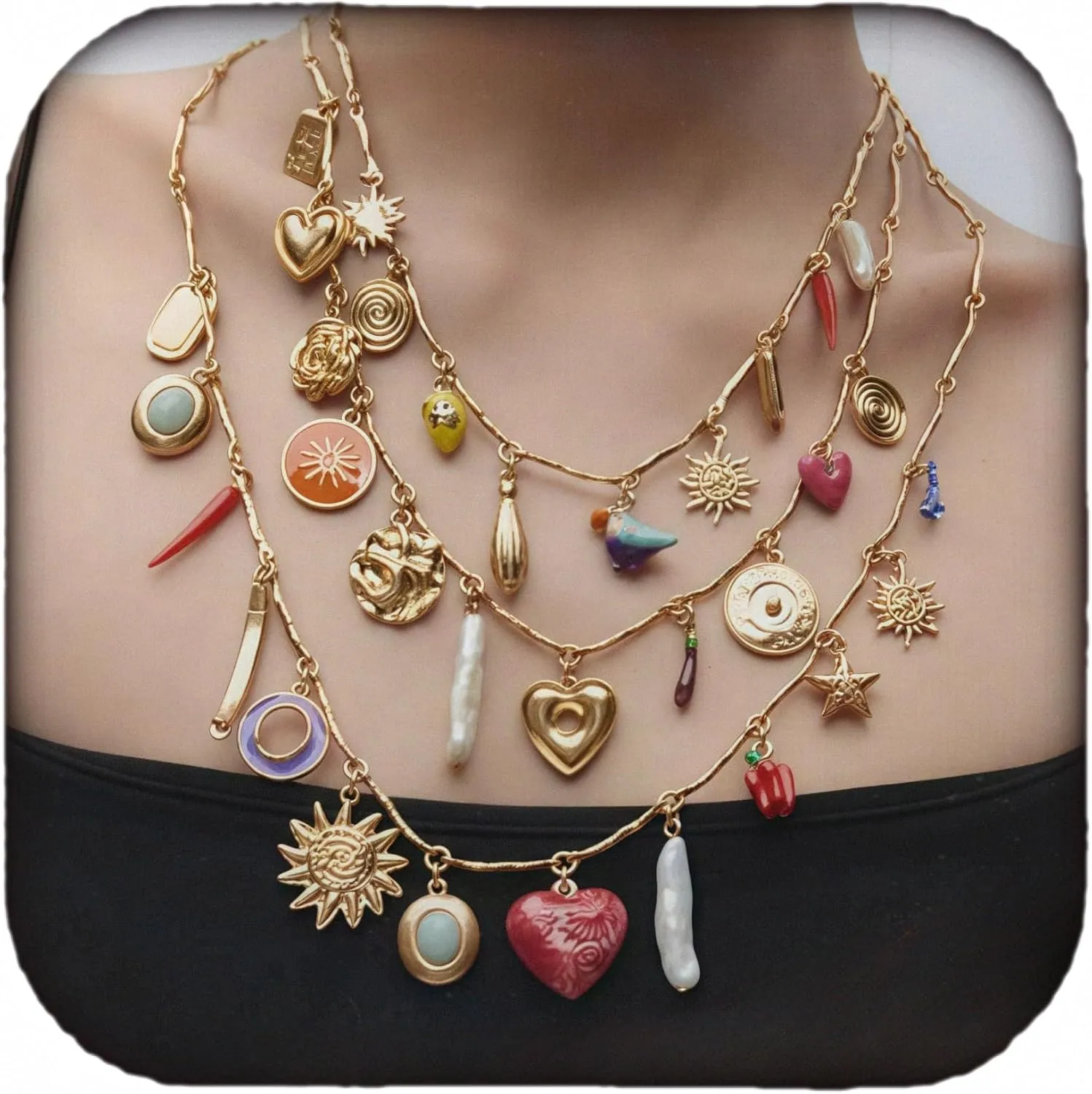 Doubnine Multi-Layered Gold Chain Necklace with Charm Pendants, Sun and Heart Designs, Colorful Mixed Charms Necklace Set of 3