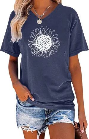EADINVE Women's Summer Short Sleeve Cute Sunflower Graphic Printed Tee Vintage T Shirt Cotton Tops Novelty Cool Shirts