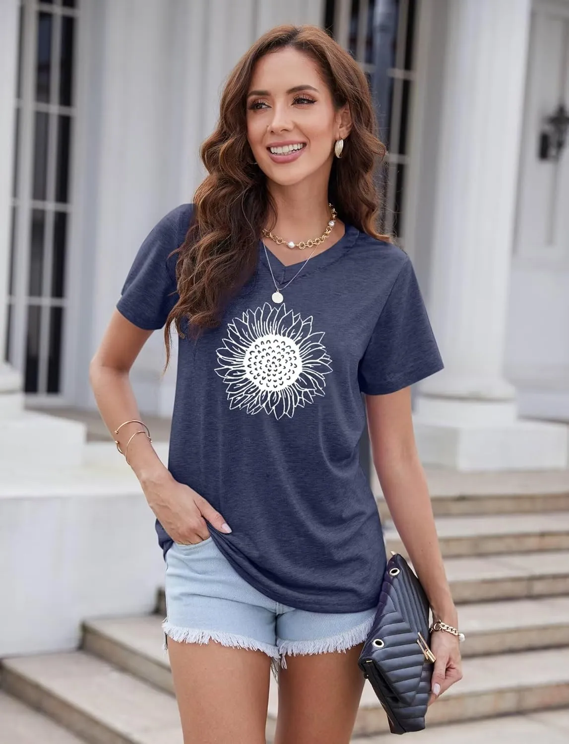 EADINVE Women's Summer Short Sleeve Cute Sunflower Graphic Printed Tee Vintage T Shirt Cotton Tops Novelty Cool Shirts