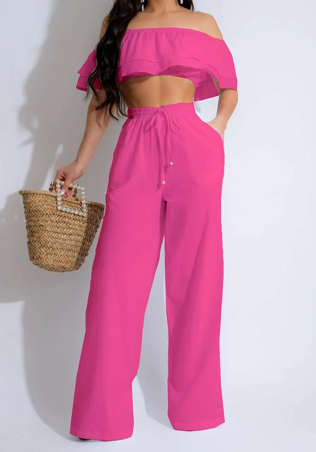 Ecirod Womens Summer Casual 2 Piece Outfits Sexy Ruffle Off The Shoulder Crop Top High Waisted Wide Leg Pants Set