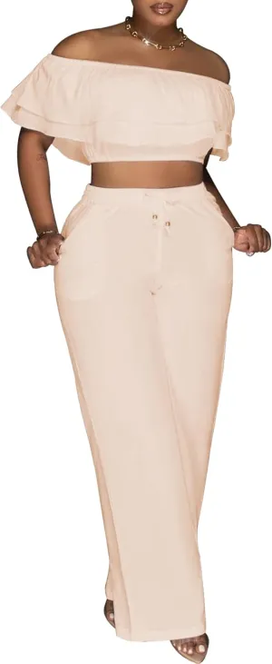 Ecirod Womens Summer Casual 2 Piece Outfits Sexy Ruffle Off The Shoulder Crop Top High Waisted Wide Leg Pants Set