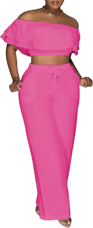Ecirod Womens Summer Casual 2 Piece Outfits Sexy Ruffle Off The Shoulder Crop Top High Waisted Wide Leg Pants Set